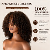 Afro Kinky Curly Human Hair Wig With Bangs Color 4 Chocolate Brown Scalp Top Bang Wig Glueless Full Machine Made Weft Wig