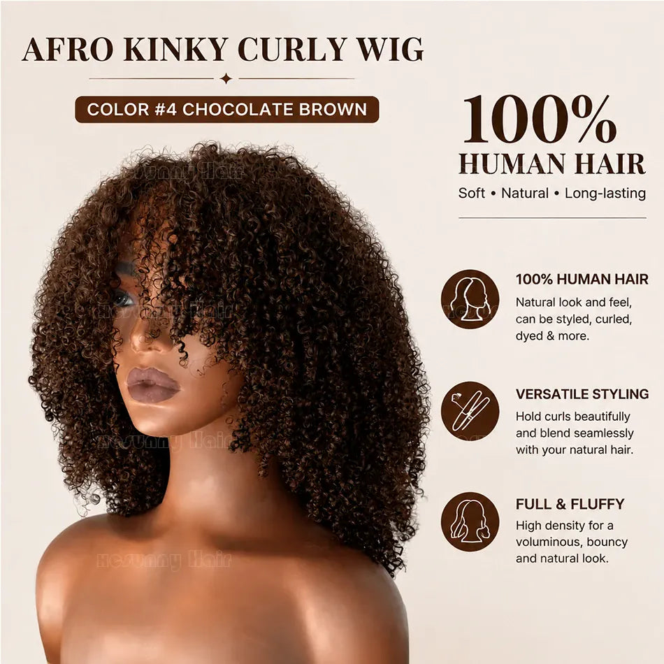 Afro Kinky Curly Human Hair Wig With Bangs Color 4 Chocolate Brown Scalp Top Bang Wig Glueless Full Machine Made Weft Wig
