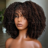 Afro Kinky Curly Human Hair Wig With Bangs Color 4 Chocolate Brown Scalp Top Bang Wig Glueless Full Machine Made Weft Wig