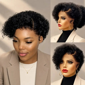 (Ainesland) Deep Wave Pixie Bob Human Hair Wig, 13x6x1 HD Lace Front, Brazilian Curly Pre-Plucked