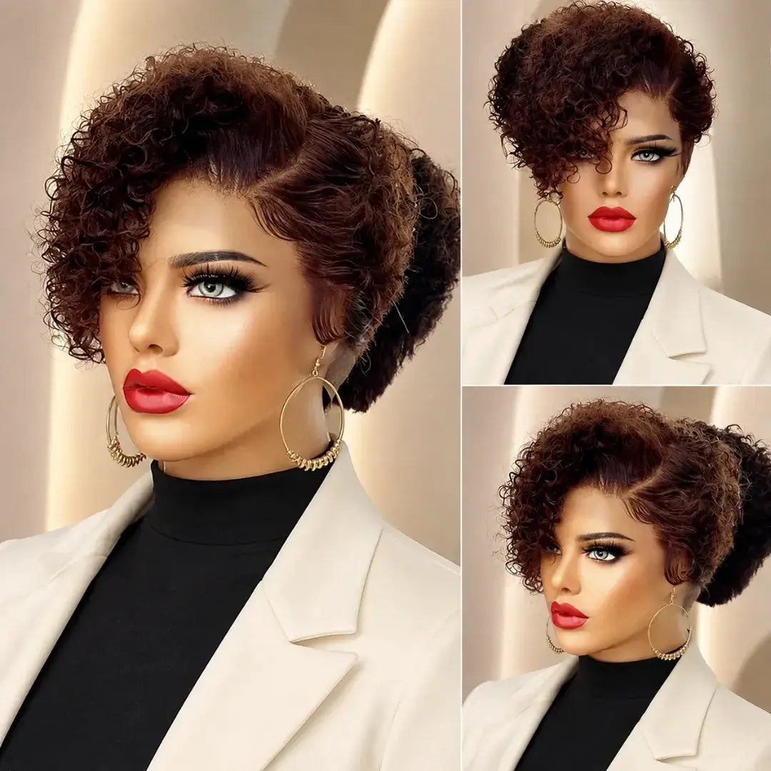 (Ainesland) Deep Wave Pixie Bob Human Hair Wig, 13x6x1 HD Lace Front, Brazilian Curly Pre-Plucked
