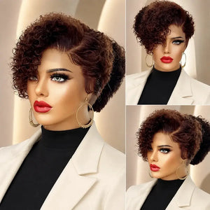 (Ainesland) Deep Wave Pixie Bob Human Hair Wig, 13x6x1 HD Lace Front, Brazilian Curly Pre-Plucked