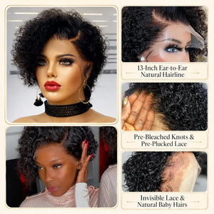 (Ainesland) Deep Wave Pixie Bob Human Hair Wig, 13x6x1 HD Lace Front, Brazilian Curly Pre-Plucked