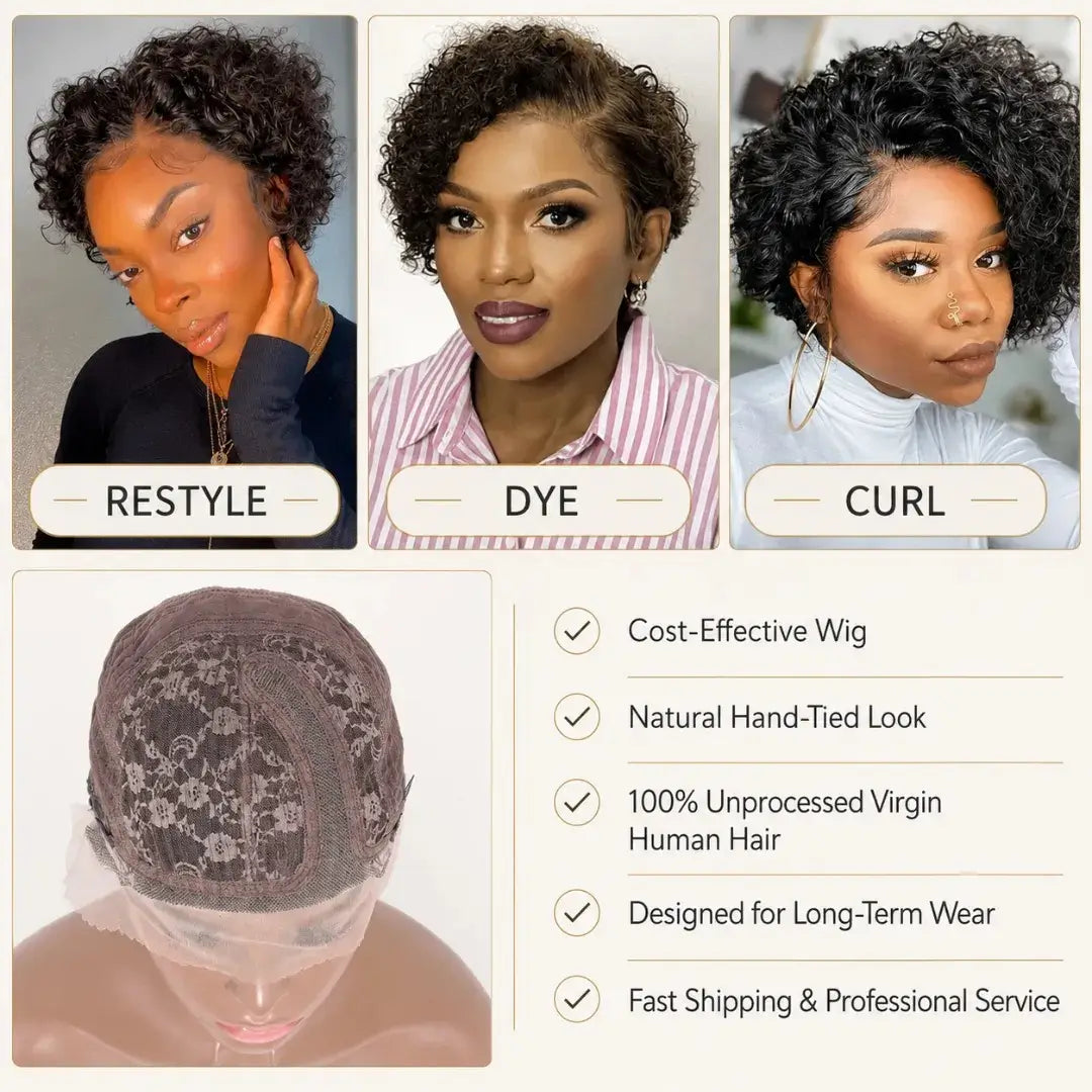 (Ainesland) Deep Wave Pixie Bob Human Hair Wig, 13x6x1 HD Lace Front, Brazilian Curly Pre-Plucked