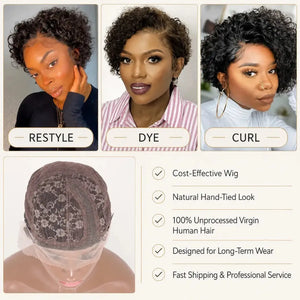(Ainesland) Deep Wave Pixie Bob Human Hair Wig, 13x6x1 HD Lace Front, Brazilian Curly Pre-Plucked