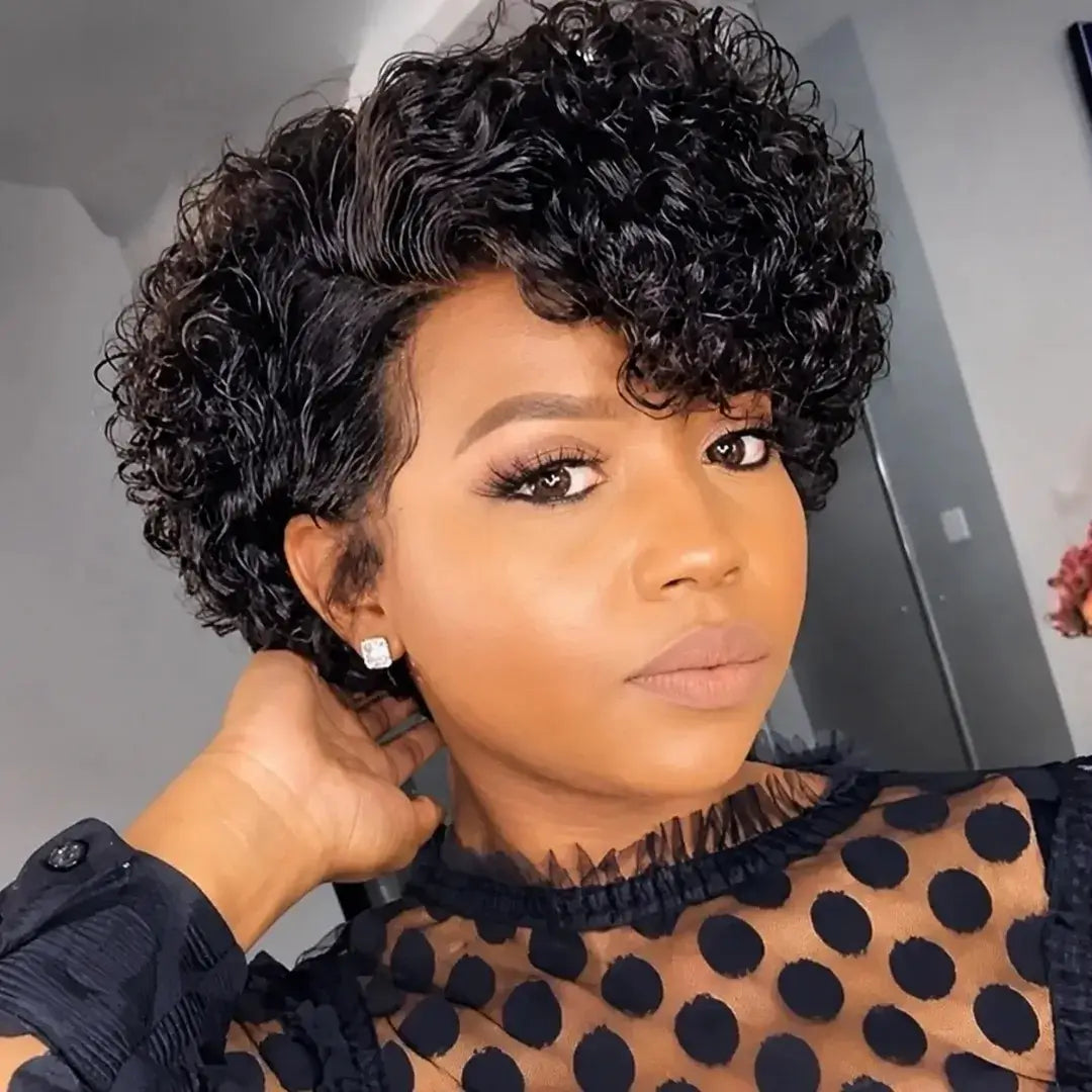 (Ainesland) Deep Wave Pixie Bob Human Hair Wig, 13x6x1 HD Lace Front, Brazilian Curly Pre-Plucked
