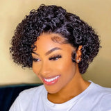 (Ainesland) Deep Wave Pixie Bob Human Hair Wig, 13x6x1 HD Lace Front, Brazilian Curly Pre-Plucked