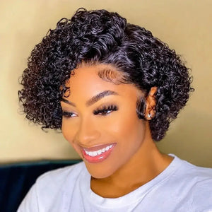 (Ainesland) Deep Wave Pixie Bob Human Hair Wig, 13x6x1 HD Lace Front, Brazilian Curly Pre-Plucked