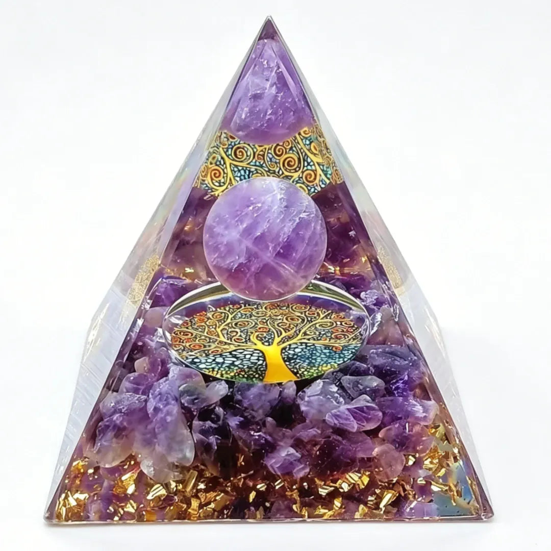 Amethyst Sphere Orgone Pyramid Tree of Life Symbol Natural Crystal Orgonite Pyramid Energy Generator Meditation Home Decor Gift