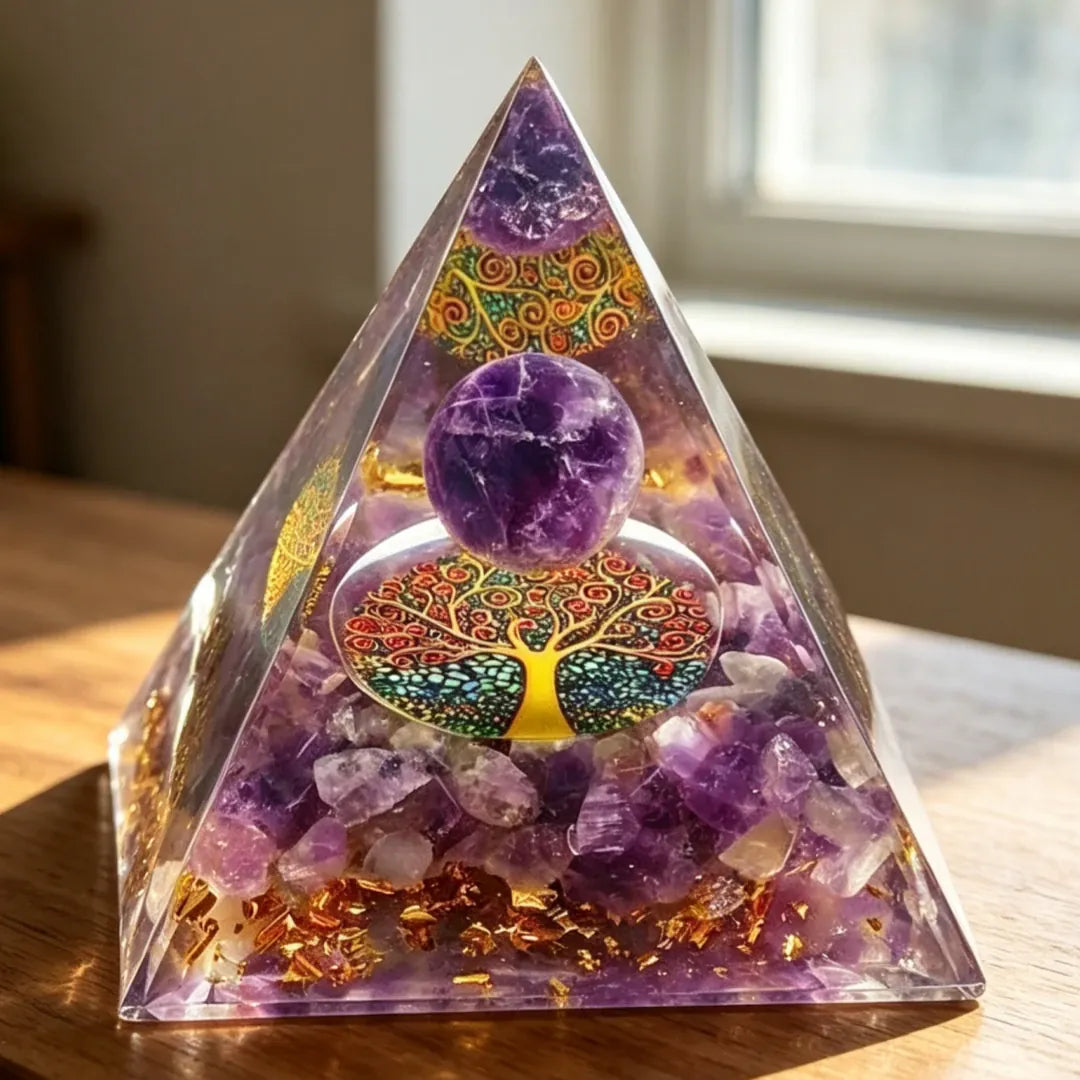 Amethyst Sphere Orgone Pyramid Tree of Life Symbol Natural Crystal Orgonite Pyramid Energy Generator Meditation Home Decor Gift