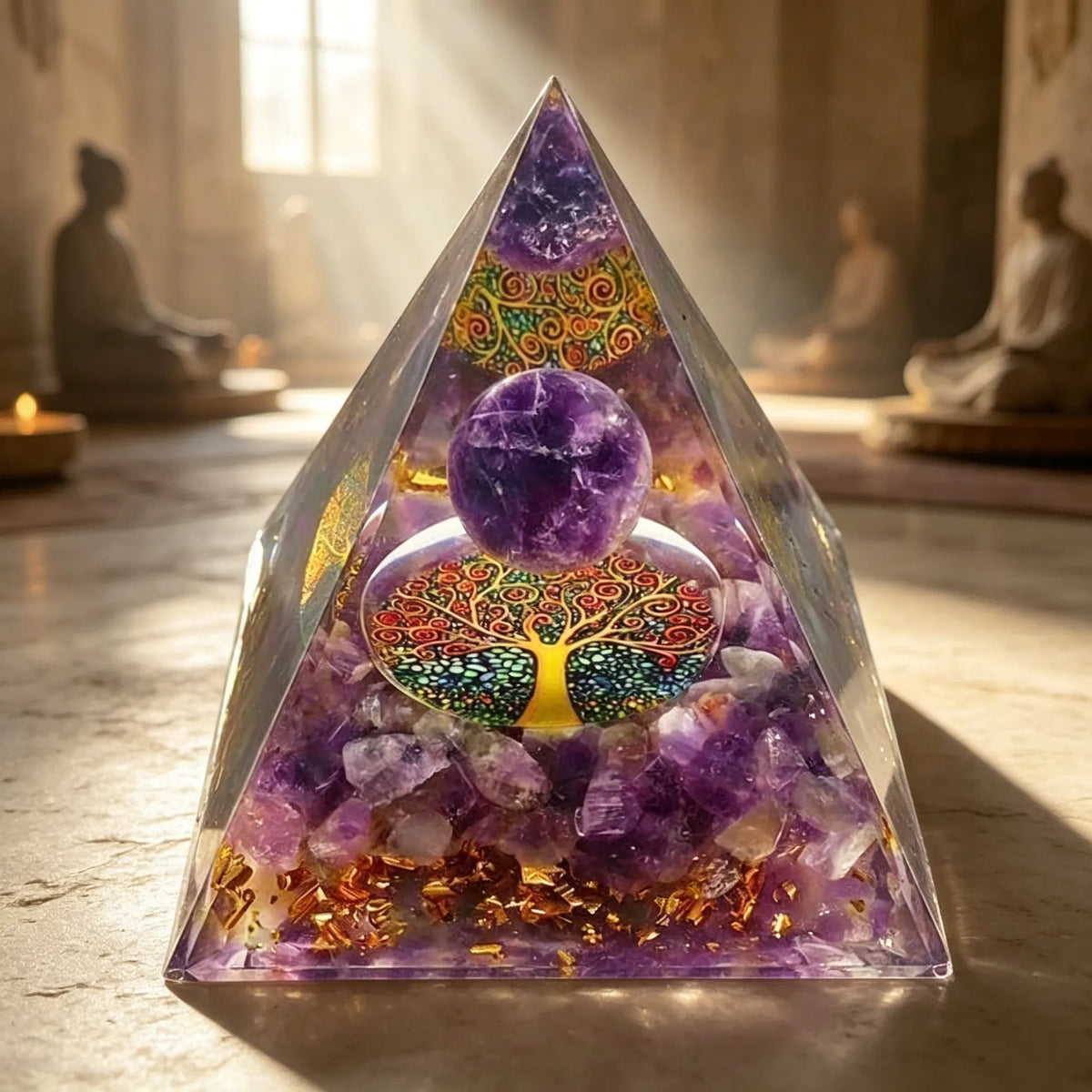 Amethyst Sphere Orgone Pyramid Tree of Life Symbol Natural Crystal Orgonite Pyramid Energy Generator Meditation Home Decor Gift