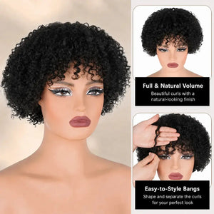 (Aphrodite) Short Curly Bob Human Hair Wig with Bangs, Glueless Brazilian Ready to Wear Style