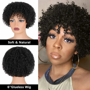 (Aphrodite) Short Curly Bob Human Hair Wig with Bangs, Glueless Brazilian Ready to Wear Style