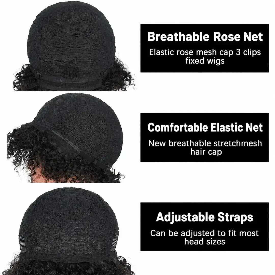 (Aphrodite) Short Curly Bob Human Hair Wig with Bangs, Glueless Brazilian Ready to Wear Style