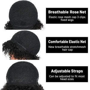 (Aphrodite) Short Curly Bob Human Hair Wig with Bangs, Glueless Brazilian Ready to Wear Style