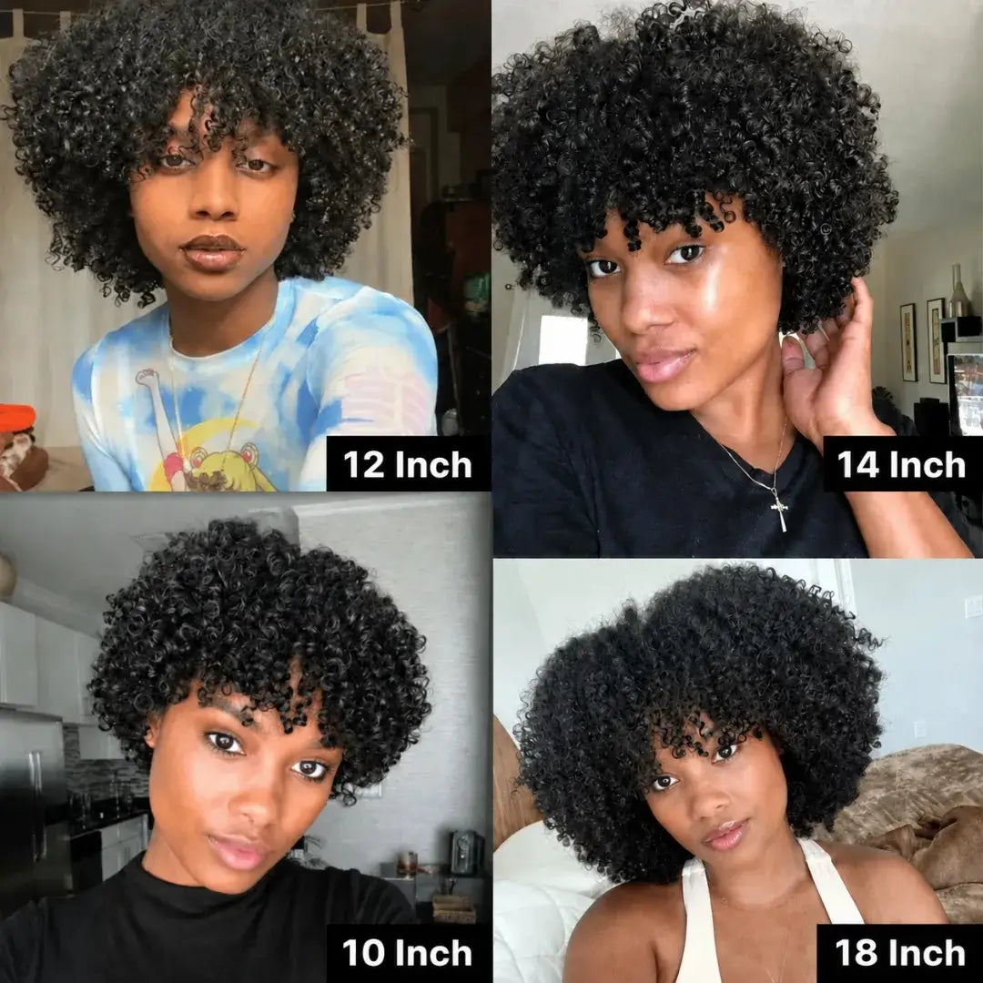 (Aphrodite) Short Curly Bob Human Hair Wig with Bangs, Glueless Brazilian Ready to Wear Style