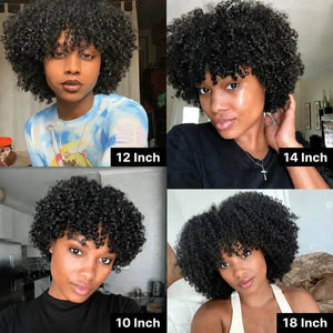 (Aphrodite) Short Curly Bob Human Hair Wig with Bangs, Glueless Brazilian Ready to Wear Style