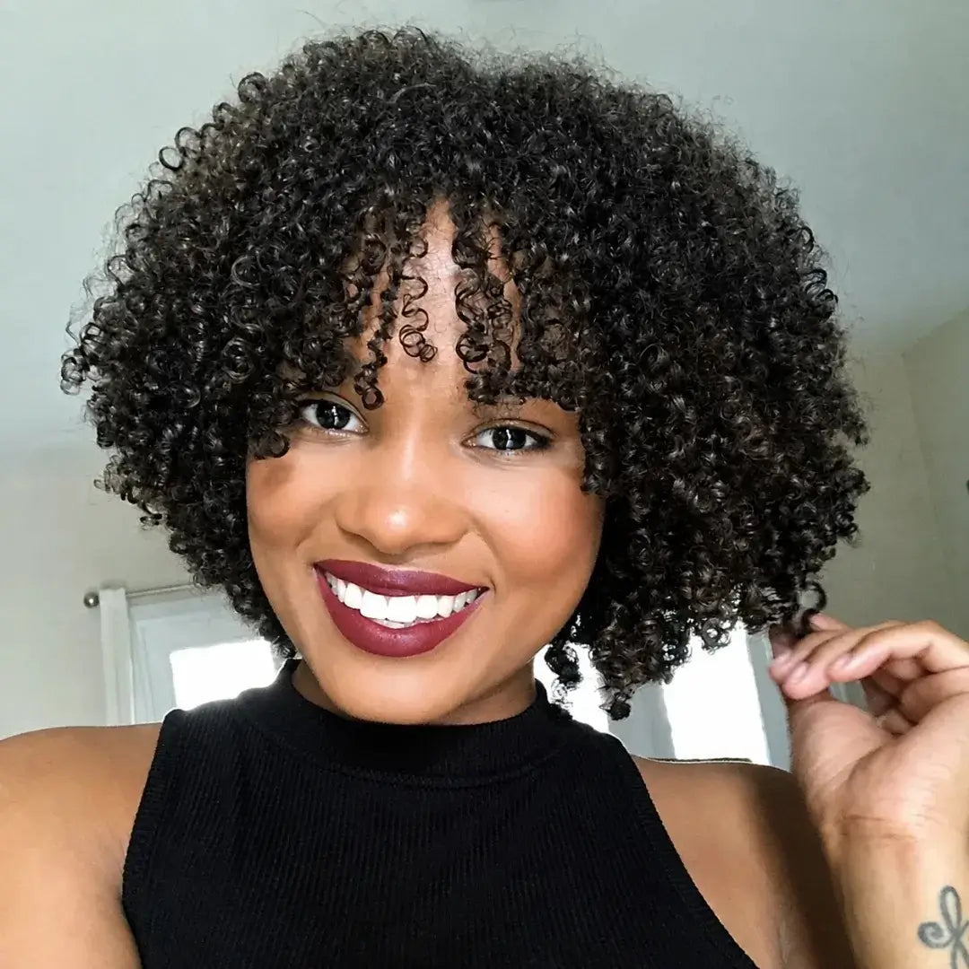 (Aphrodite) Short Curly Bob Human Hair Wig with Bangs, Glueless Brazilian Ready to Wear Style