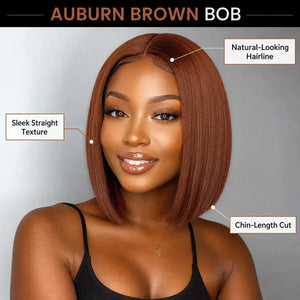 (Arina) #33 Auburn Brown Short Bob Human Hair HD Lace Middle Part Wig, Natural Brown Pre-Plucked Style