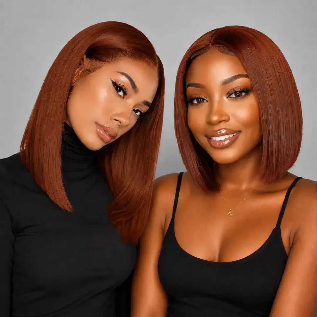 (Arina) #33 Auburn Brown Short Bob Human Hair HD Lace Middle Part Wig, Natural Brown Pre-Plucked Style
