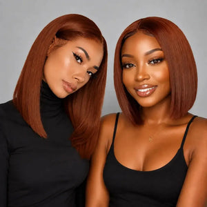 (Arina) #33 Auburn Brown Short Bob Human Hair HD Lace Middle Part Wig, Natural Brown Pre-Plucked Style