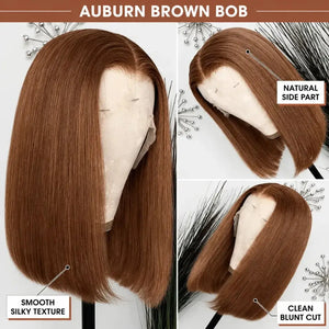 (Arina) #33 Auburn Brown Short Bob Human Hair HD Lace Middle Part Wig, Natural Brown Pre-Plucked Style