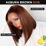 Auburn brown short bob human hair wig with HD lace front, middle part, pre-plucked hairline, natural look, by HSF Marketplace.