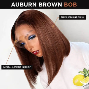(Arina) #33 Auburn Brown Short Bob Human Hair HD Lace Middle Part Wig, Natural Brown Pre-Plucked Style