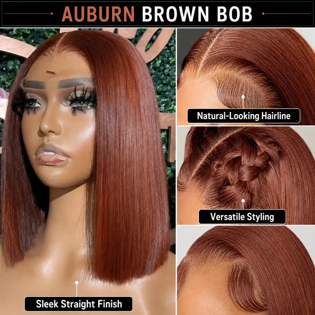 Auburn brown short bob human hair HD lace front wig with pre-plucked hairline, middle part, natural brown color, styled for a sleek look.