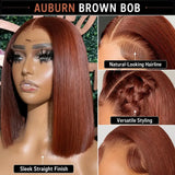 Auburn brown short bob human hair HD lace front wig with pre-plucked hairline, middle part, natural brown color, styled for a sleek look.