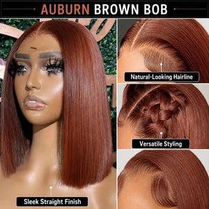 (Arina) #33 Auburn Brown Short Bob Human Hair HD Lace Middle Part Wig, Natural Brown Pre-Plucked Style