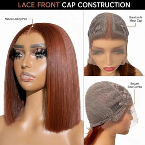 (Arina) #33 Auburn Brown Short Bob Human Hair HD Lace Middle Part Wig, Natural Brown Pre-Plucked Style