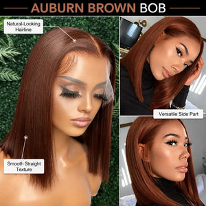 (Arina) #33 Auburn Brown Short Bob Human Hair HD Lace Middle Part Wig, Natural Brown Pre-Plucked Style