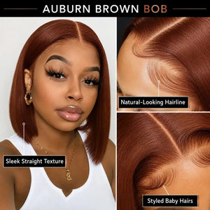 (Arina) #33 Auburn Brown Short Bob Human Hair HD Lace Middle Part Wig, Natural Brown Pre-Plucked Style