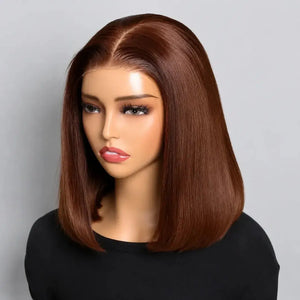 (Arina) #33 Auburn Brown Short Bob Human Hair HD Lace Middle Part Wig, Natural Brown Pre-Plucked Style