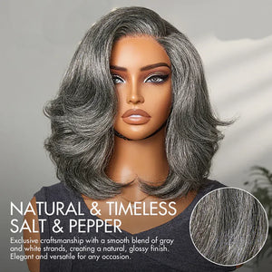 (Artemis) Grey Layered Bob Human Hair Wig, Glueless Wear and Go 5x5 HD Lace Closure 3D Dome Cap, Brazilian Wavy