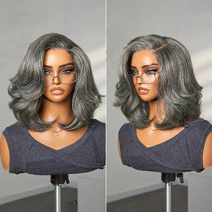 (Artemis) Grey Layered Bob Human Hair Wig, Glueless Wear and Go 5x5 HD Lace Closure 3D Dome Cap, Brazilian Wavy
