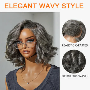 (Artemis) Grey Layered Bob Human Hair Wig, Glueless Wear and Go 5x5 HD Lace Closure 3D Dome Cap, Brazilian Wavy