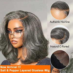 (Artemis) Grey Layered Bob Human Hair Wig, Glueless Wear and Go 5x5 HD Lace Closure 3D Dome Cap, Brazilian Wavy