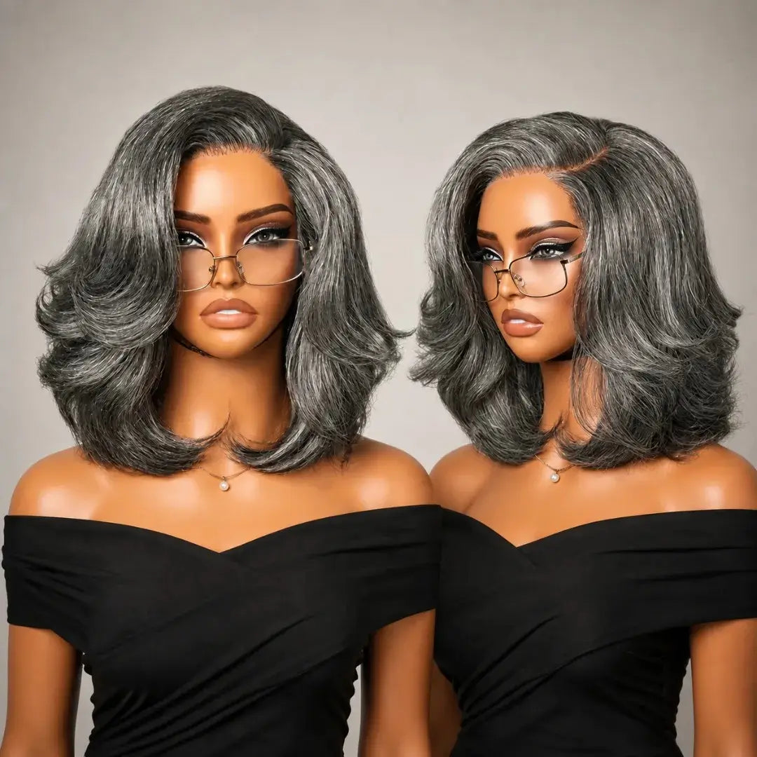 (Artemis) Grey Layered Bob Human Hair Wig, Glueless Wear and Go 5x5 HD Lace Closure 3D Dome Cap, Brazilian Wavy