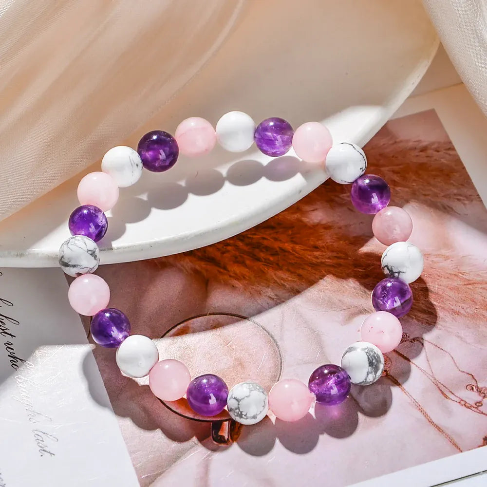 Aura balancing sleep bracelet with natural white turquoise, amethyst, and rose quartz stones by HSF Marketplace