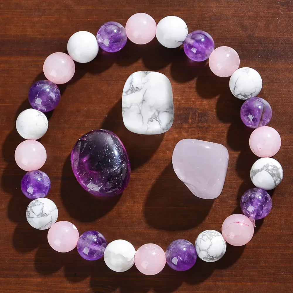 Aura Balancing sleep bracelet with natural white turquoise, amethyst, and rose quartz stones by HSF Marketplace