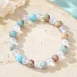 Aura Quartz & Ocean Sediment Gemstone Bead Bracelet, Unisex Crystal Stretch Jewelry
