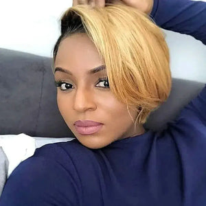 (Aurora) Ombre Blonde Short Pixie Bob Human Hair Wig | Side-Swept Glueless Lace Front