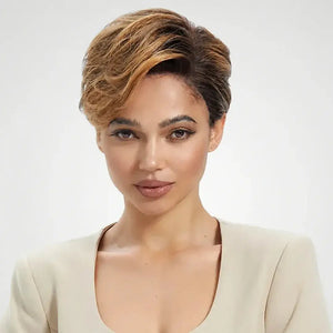 (Aurora) Ombre Blonde Short Pixie Bob Human Hair Wig | Side-Swept Glueless Lace Front