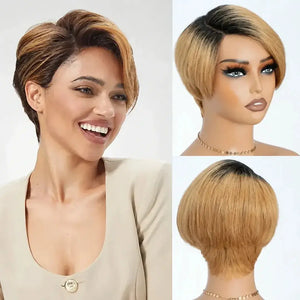 (Aurora) Ombre Blonde Short Pixie Bob Human Hair Wig | Side-Swept Glueless Lace Front
