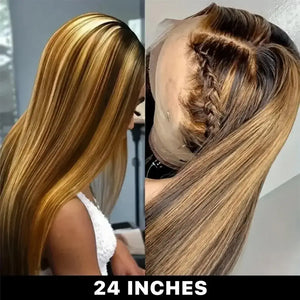 (Awareness) 4/27 Highlight Straight Human Hair HD Lace Front Wig 13x6, Brazilian Hair, 16–38 Inch, 200% Density, Pre-Plucked