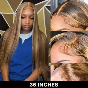 (Awareness) 4/27 Highlight Straight Human Hair HD Lace Front Wig 13x6, Brazilian Hair, 16–38 Inch, 200% Density, Pre-Plucked