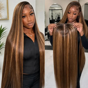 (Awareness) 4/27 Highlight Straight Human Hair HD Lace Front Wig 13x6, Brazilian Hair, 16–38 Inch, 200% Density, Pre-Plucked