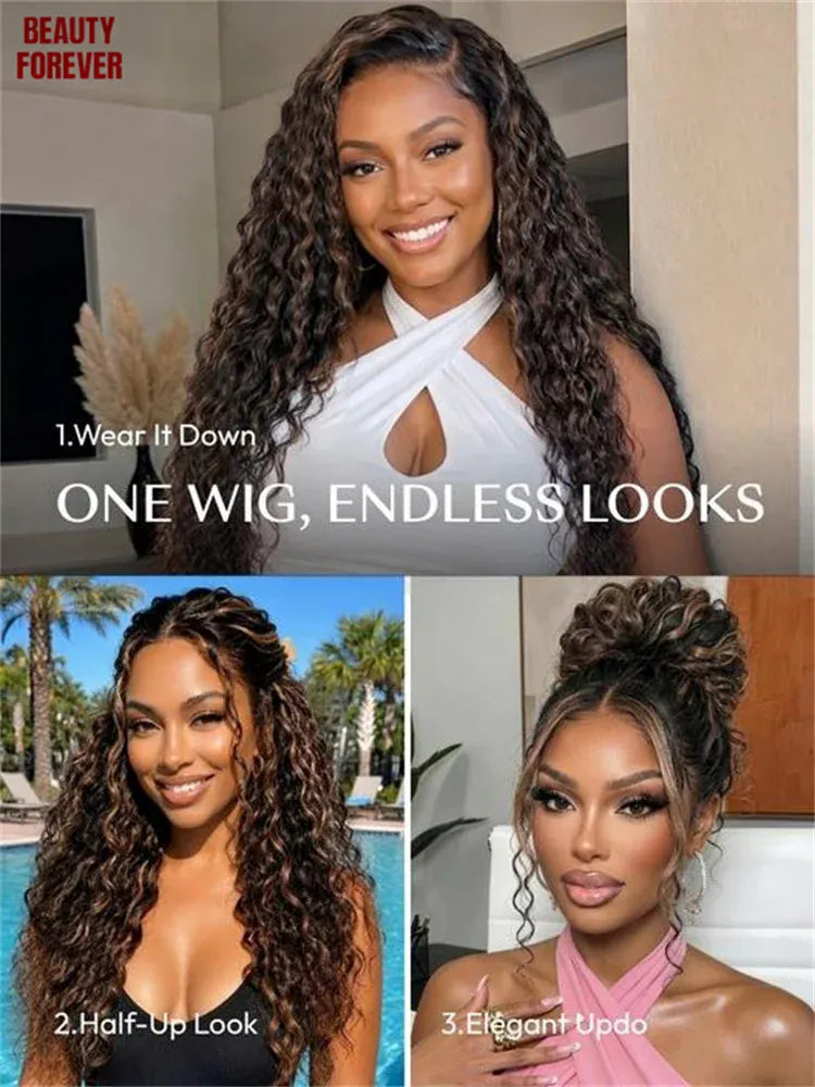 Beauty Forever 7x5 Golden Brown Human Hair Wig Water Wave Pre Cut HD Transparent Lace Pre Bleached Tiny Knots Glueless Wig